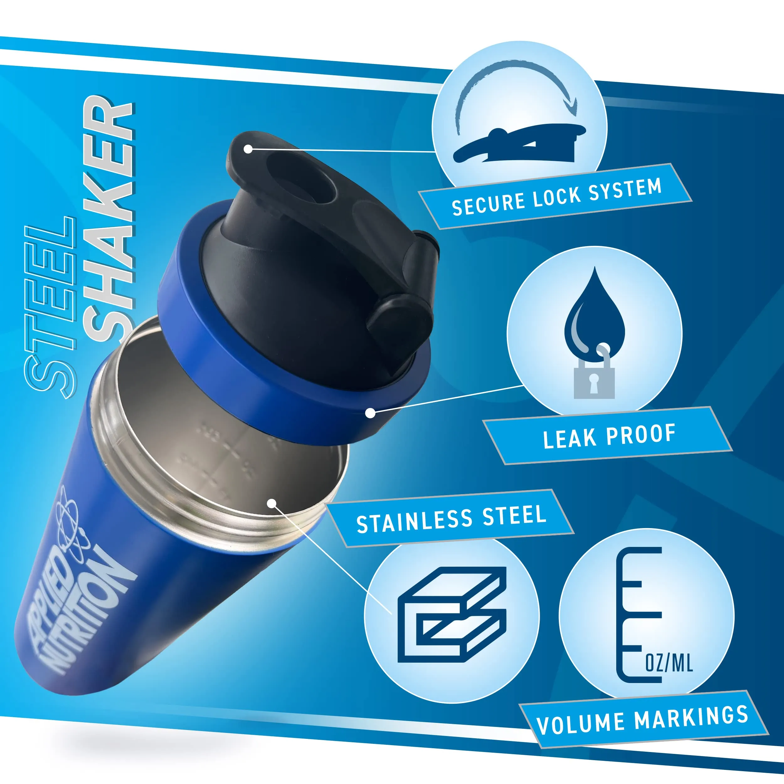 Applied Nutrition Metal Protein Shaker - Sports Supplements Stainless Steel Shaker, Metal Shaker Bottle, Durable & Lightweight (750ml)