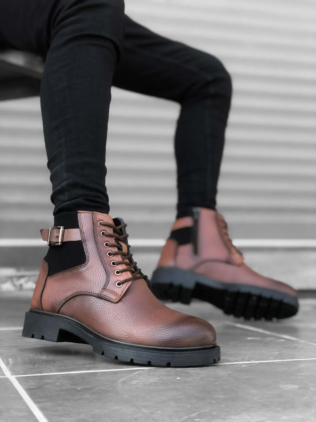 BA0186 Zippered Buckle Tobacco Men's Classic Sports Classic Ankle Ankle Boots