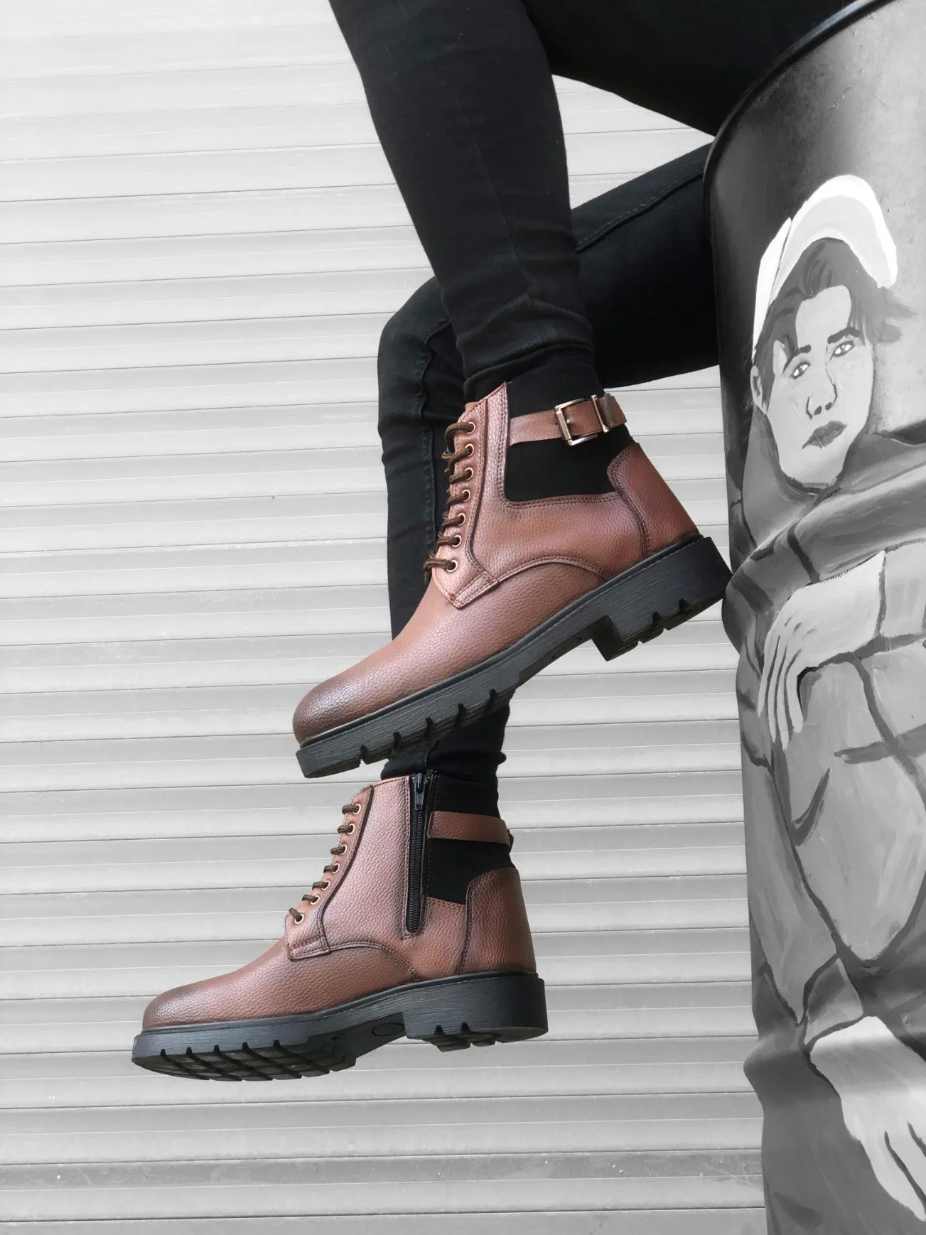 BA0186 Zippered Buckle Tobacco Men's Classic Sports Classic Ankle Ankle Boots