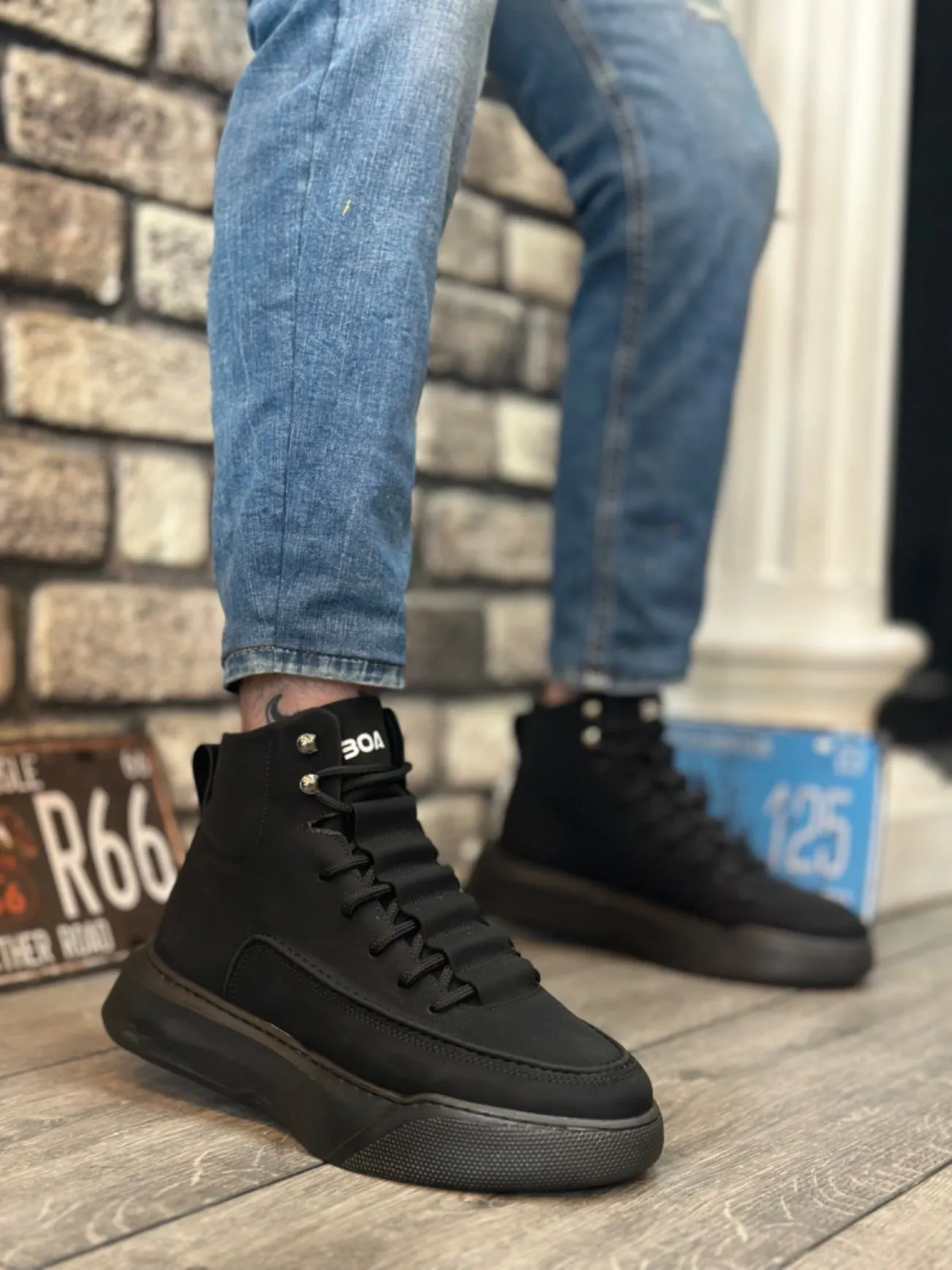 BA0321 Hidden Lace Men's High Sole Black Sports Boots