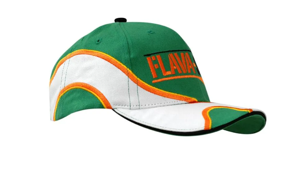 BRUSHED HEAVY COTTON CAP WITH SANDWICH TRIM & FABRIC INSERTS/EMBROIDERY ON CROWN & PEAK