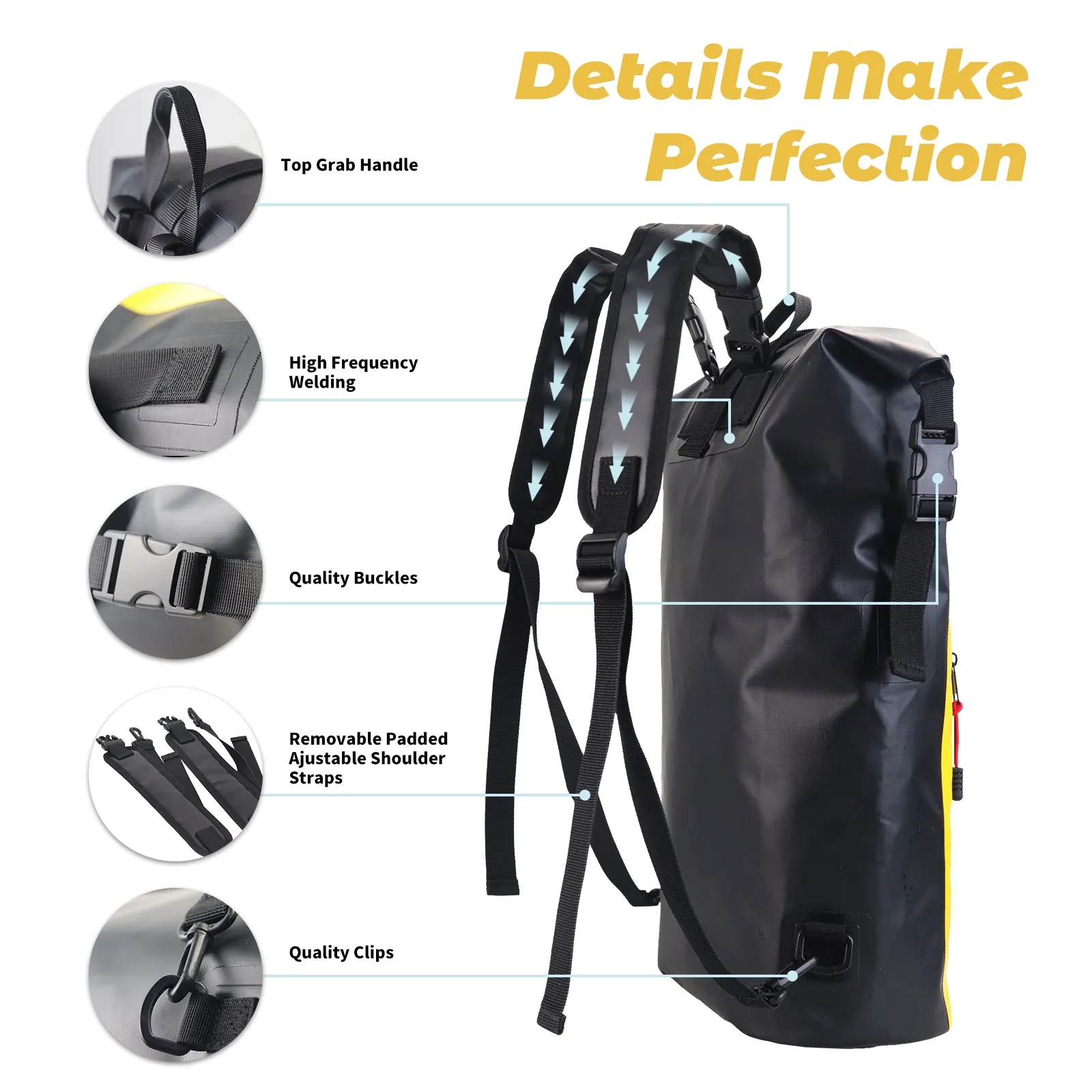 Dry bag Waterproof Backpack With Zipper Pocket 25L Yellow