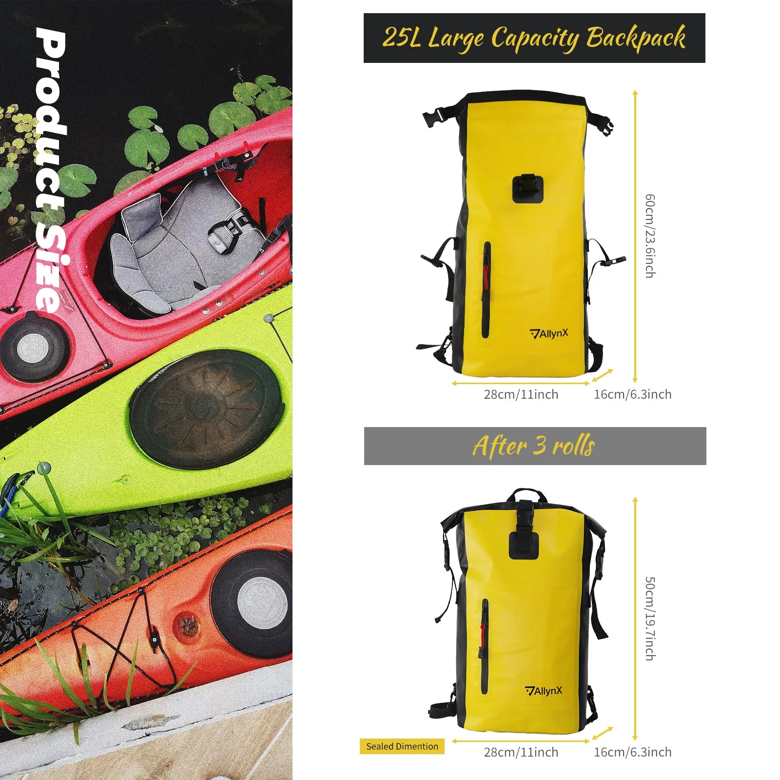 Dry bag Waterproof Backpack With Zipper Pocket 25L Yellow