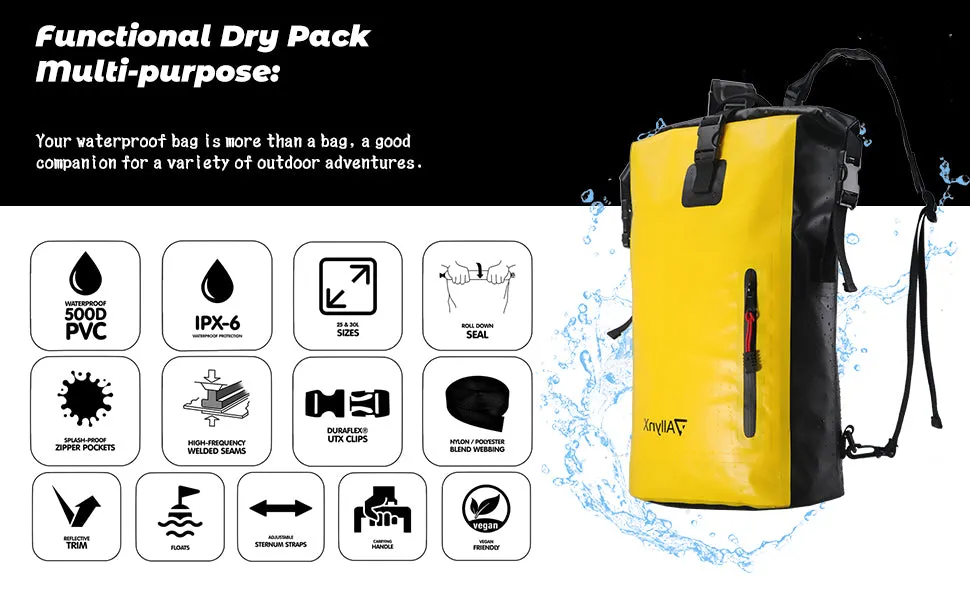 Dry bag Waterproof Backpack With Zipper Pocket 25L Yellow
