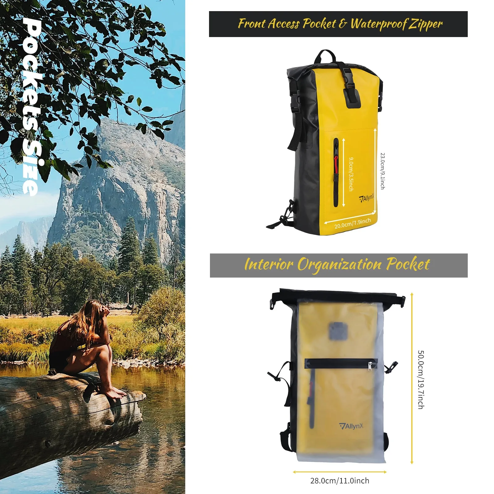 Dry bag Waterproof Backpack With Zipper Pocket 25L Yellow
