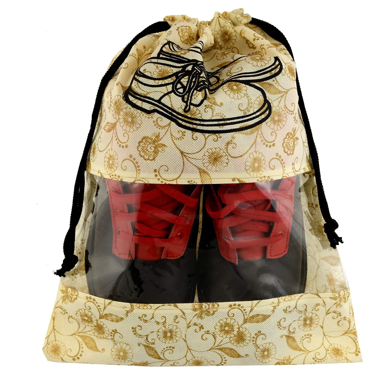 Heart Home Metalic Floral Design 6 Piece Non Woven Travel Shoe Cover, String Bag Organizer, Brown HEART5227