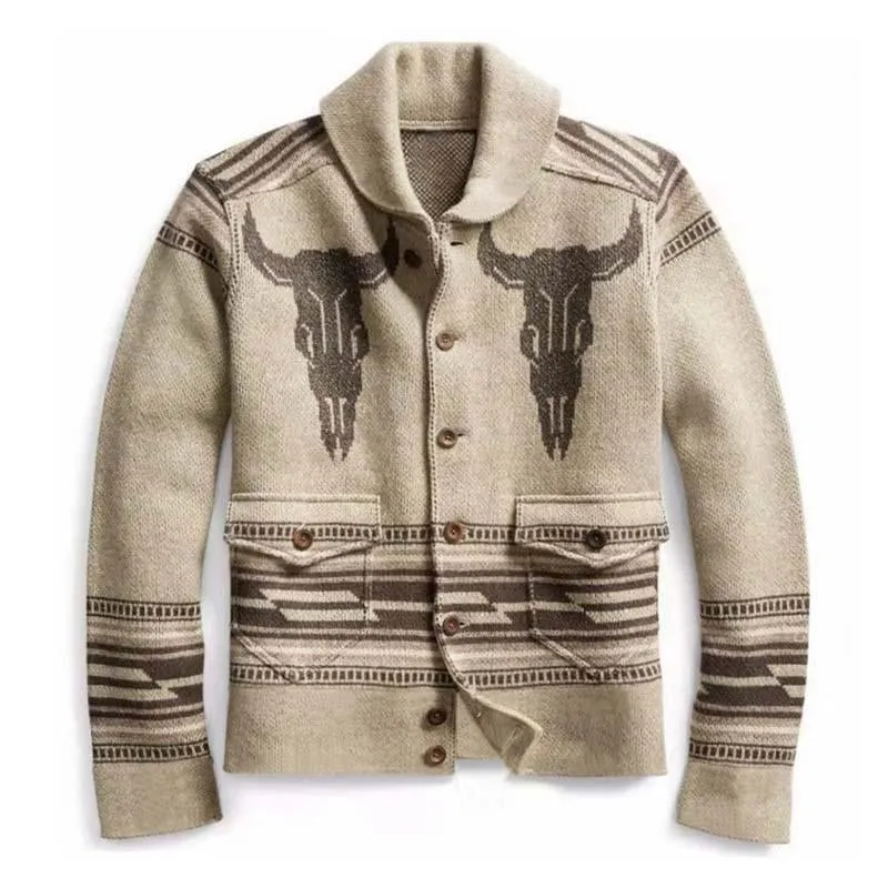 Lapel Vintage Jacquard Knit Cardigan Jacket