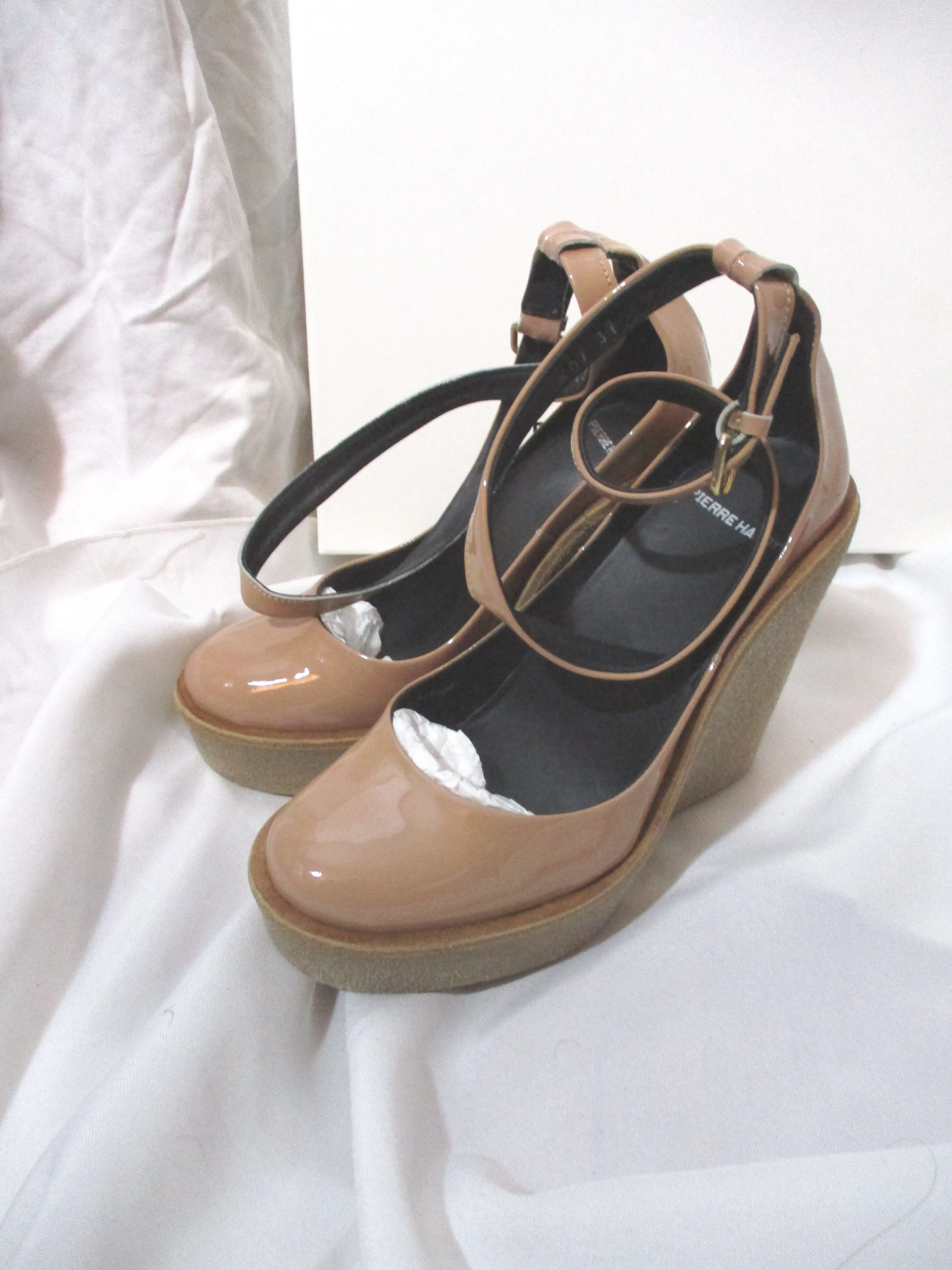 NEW PIERRE HARDY WEDGE High Heel Pump Round Toe Shoe 37 PATENT NUDE