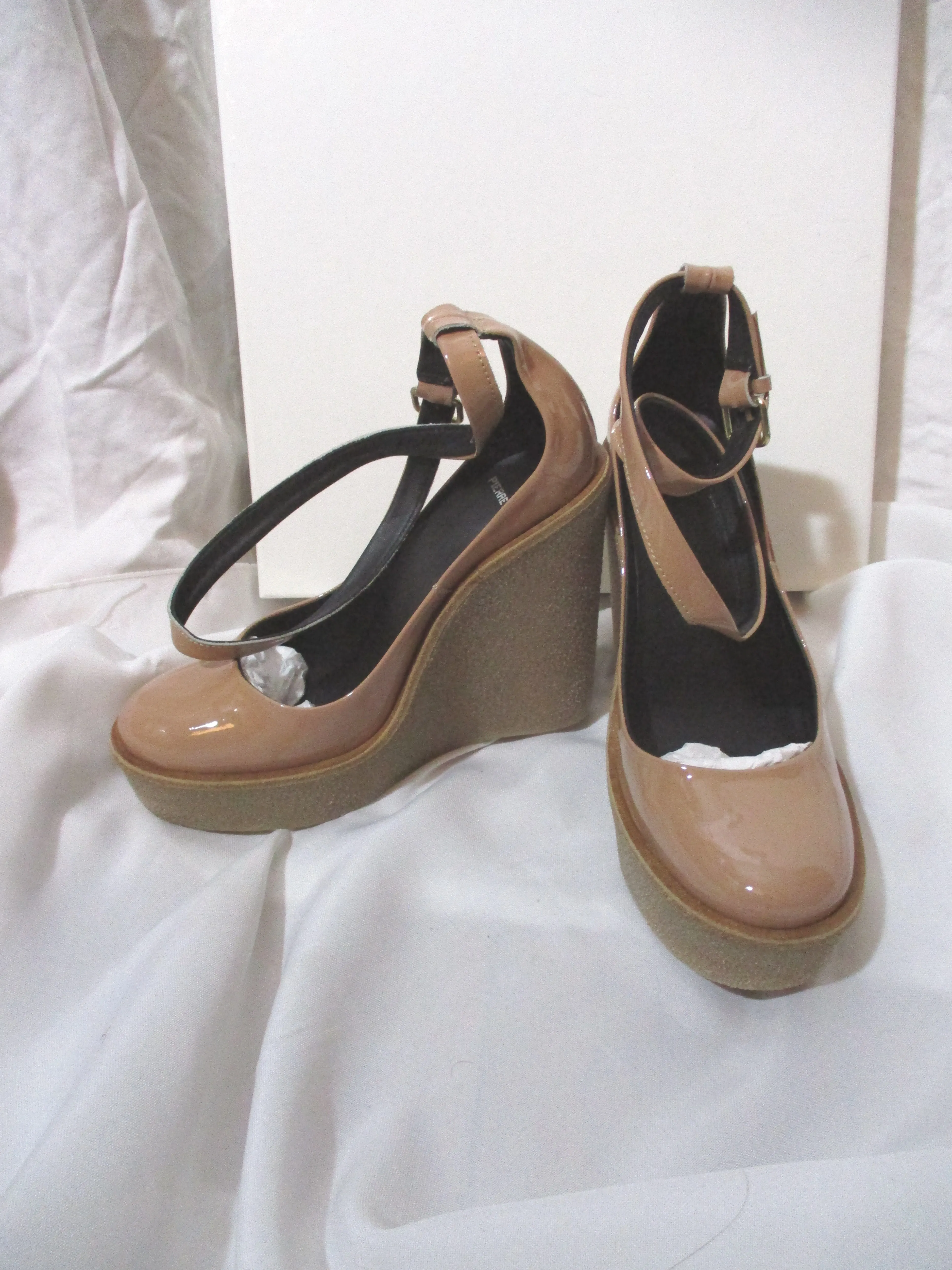 NEW PIERRE HARDY WEDGE High Heel Pump Round Toe Shoe 37 PATENT NUDE