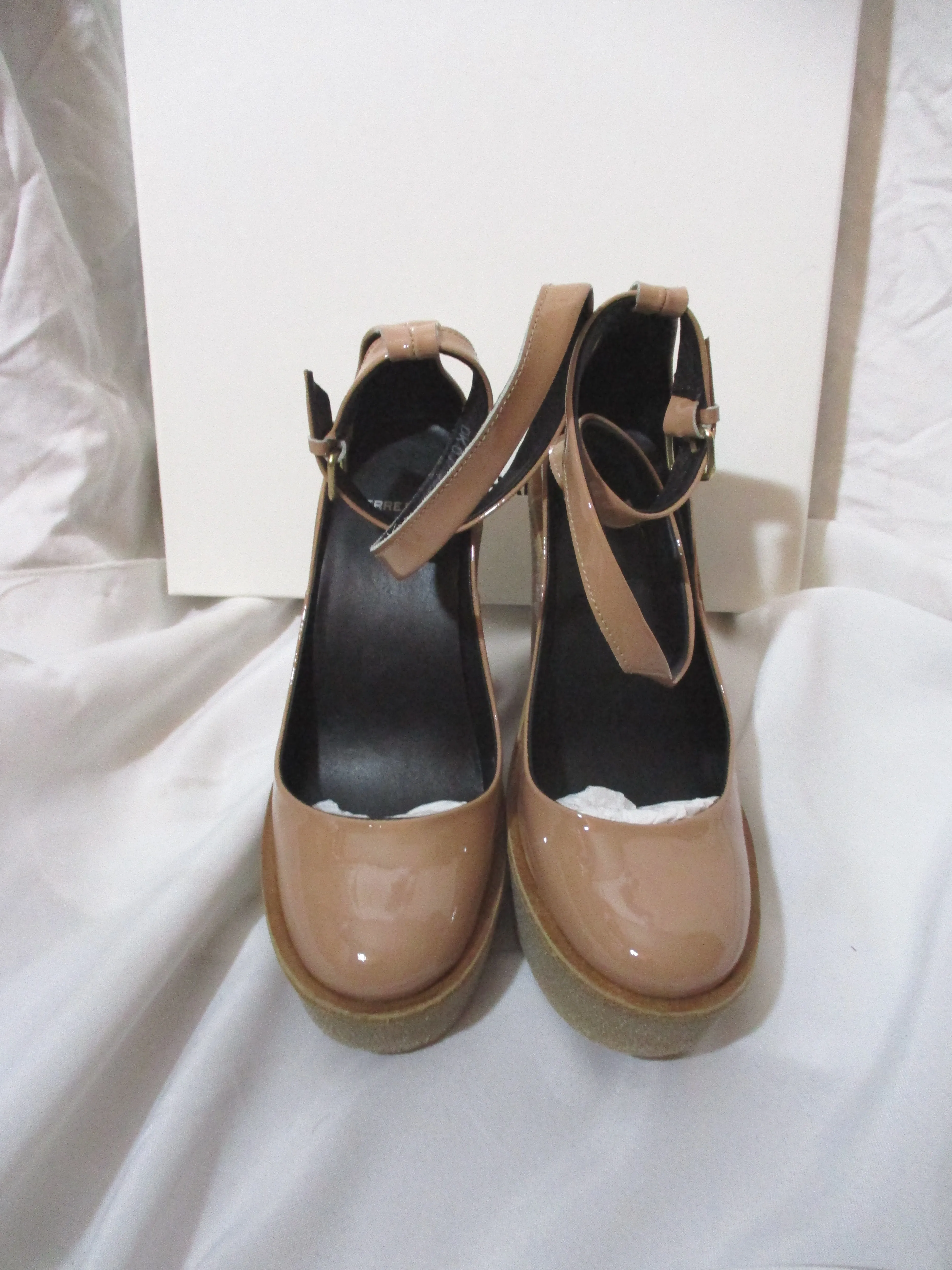 NEW PIERRE HARDY WEDGE High Heel Pump Round Toe Shoe 37 PATENT NUDE