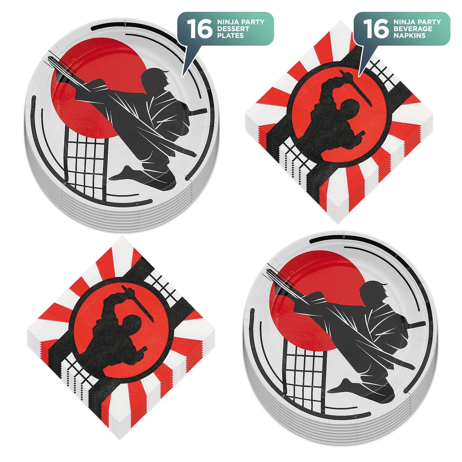 Ninja Party Supplies - Ninja Warrior Paper Dessert Plates and Beverage Napkins (Serves 16)