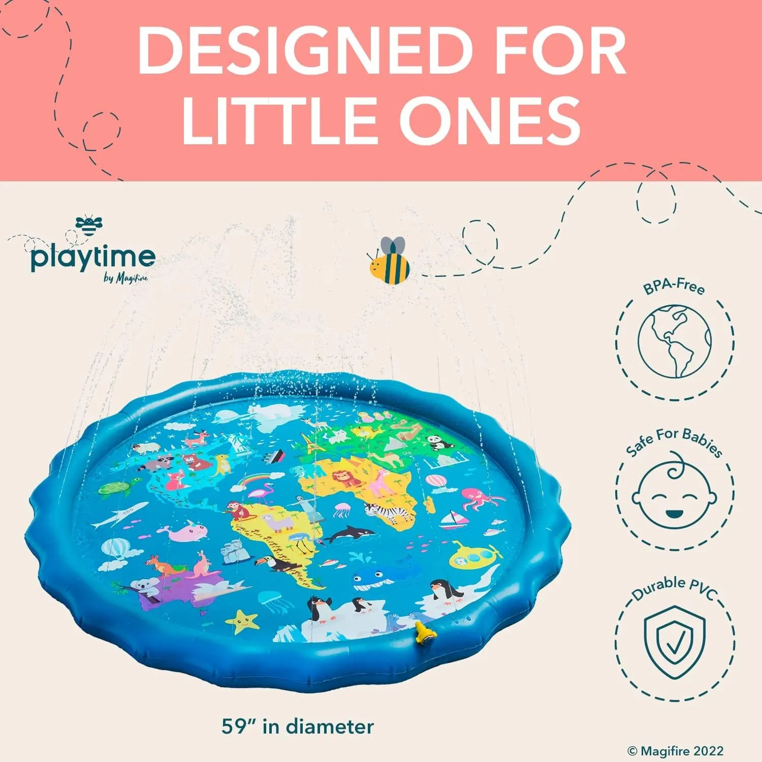 Sprinkler Splash Pad for Toddlers 1-3, 59 In., Water Toys for Dogs, Kids, Outdoor Baby Toys Ideal for Playtime and Cooling off Outside, Easy to Setup, Ideal for Summer and Backyard Activities