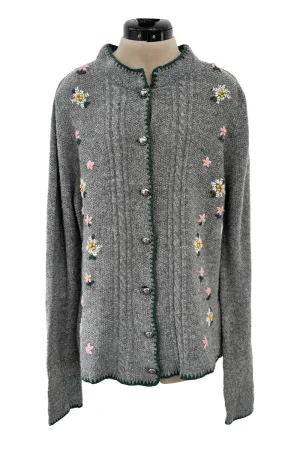 Wonderful 1980s Moser Deep Grey Colour Hand Knit Cardigan Sweater w Floral Details & Metal Buttons
